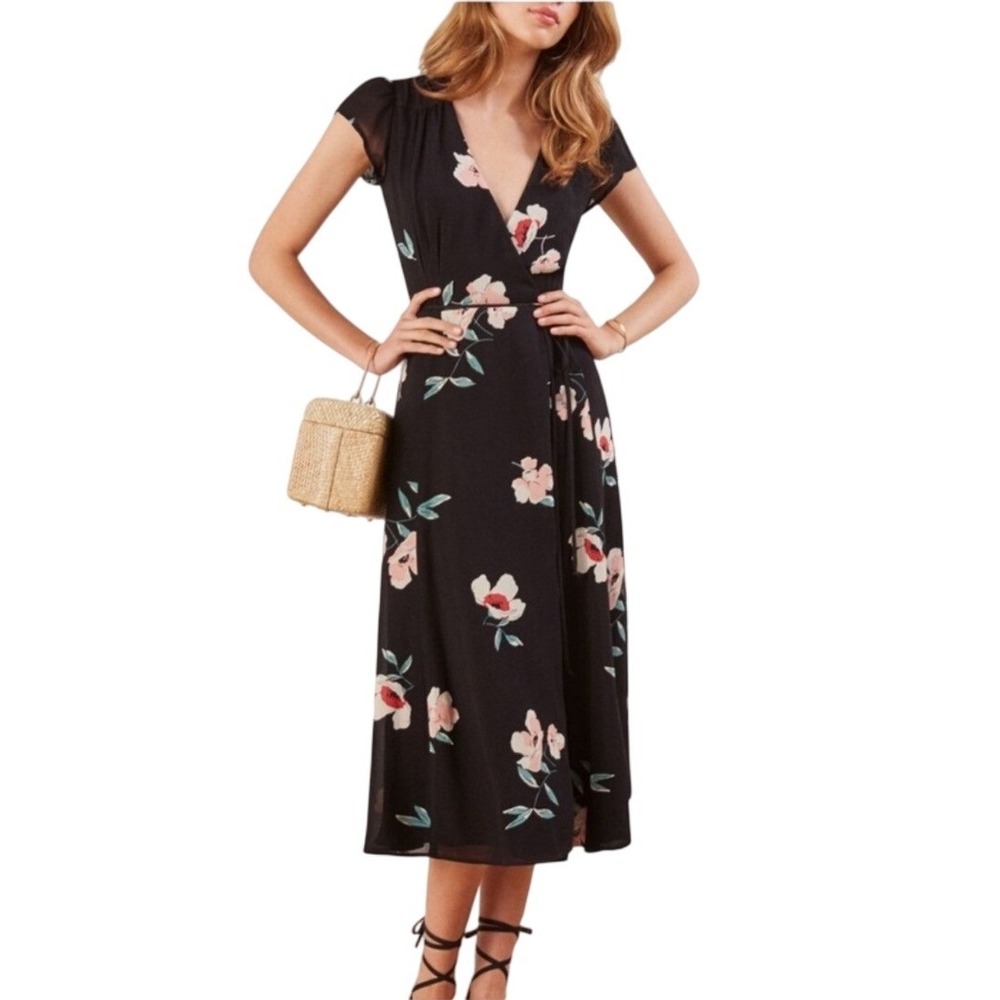 Reformation Carina Black Floral Viscose Cap‎ Sleeve Midi Wrap Dress Small